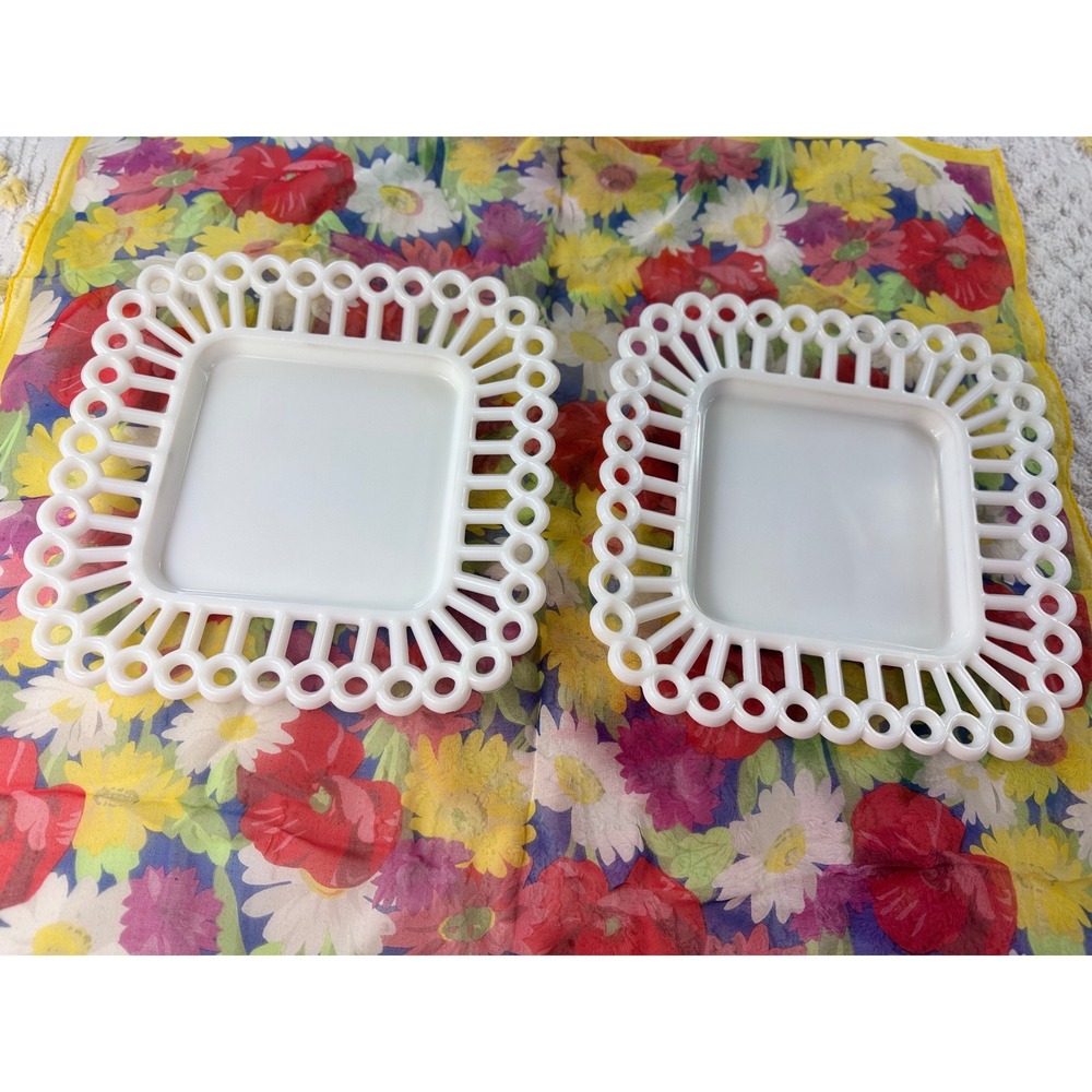 Vintage Westmoreland Milk Glass Open Lace Edge Square Plates Set of 2 White 7in